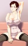  arm_up armpits black_legwear blush breasts brown_eyes brown_hair cleavage covered_navel huge_breasts light_smile looking_at_viewer older original pierre_norano short_hair skindentation smile solo sweat thighhighs 