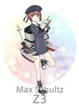  bad_id bad_pixiv_id blush brown_eyes clothes_writing dress engiyoshi hat kantai_collection looking_at_viewer open_mouth red_hair sailor_collar sailor_dress sailor_hat short_hair solo weapon z3_max_schultz_(kantai_collection) 