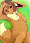  animal_ears bad_id bad_nicoseiga_id bangs blush brown_eyes brown_hair claws eevee flat_chest furry gen_1_pokemon grass kagerofu looking_at_viewer lying navel nude on_back open_mouth paws personification pokemon short_hair solo tail 