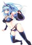  absurdres blue_eyes blue_hair blush bra breasts garter_belt highres large_breasts long_hair monster_hunter monster_hunter_4 panties reason_(ficafe) simple_background solo thighhighs underwear underwear_only white_background 