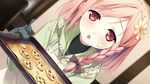  apron baking_sheet blush braid cookie flower food food_on_clothes food_on_face game_cg hair_flower hair_ornament kantoku open_mouth oven_mitts pink_eyes pink_hair short_hair side_braid solo your_diary yua_(your_diary) 