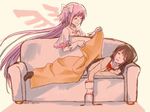  akemi_homura bad_id bad_pixiv_id blanket couch covering_with_blanket hair_ribbon kaname_madoka mahou_shoujo_madoka_magica multiple_girls ribbon sleeping tucking_in ultimate_madoka watanabe_ignica wings 