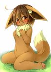  :&lt; ahoge animal_ears bad_id bad_nicoseiga_id bangs blush brown_eyes brown_hair ears eevee furry gen_1_pokemon kagerofu looking_at_viewer nude paws personification pokemon short_hair simple_background sitting solo tail wariza white_background 