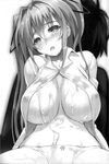  1girl absurdres blush bow bow_panties breasts covered_nipples greyscale hair_ribbon highres huge_breasts long_hair monochrome naruse_mio ookuma_(nitroplus) open_clothes open_mouth open_shirt panties ribbon scan sexually_suggestive shinmai_maou_no_testament shirt silhouette toujou_basara two_side_up unbuttoned underwear wet 