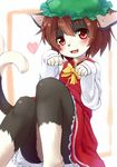  animal_ears bad_id bad_nicoseiga_id bangs barefoot blush bow brown_hair cat cat_ears cat_tail chen dress earrings fang furrification furry hat heart jewelry kagerofu looking_at_viewer multiple_tails open_mouth paw_pose red_eyes ribbon short_hair sitting sleeves_past_wrists solo tail touhou 