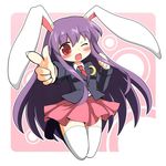  animal_ears blush bunny_ears clenched_hand crescent legs_folded long_hair long_sleeves looking_at_viewer necktie one_eye_closed open_mouth pink_background pleated_skirt pointing pointing_at_viewer polka_dot polka_dot_background purple_eyes purple_hair red_neckwear reisen_udongein_inaba skirt solo suit_jacket thighhighs touhou usagi_koushaku very_long_hair zettai_ryouiki 