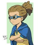  brown_hair cape character_name crossed_arms goggles hairlocs inazuma_eleven inazuma_eleven_(series) kidou_yuuto male_focus mizuhara_aki raimon raimon_soccer_uniform simple_background soccer_uniform solo sportswear upper_body white_background 