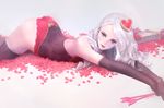  alternate_costume arched_back arrow artist_name ashe_(league_of_legends) ass black_gloves blue_eyes elbow_gloves gloves hair_ornament heart heart_hair_ornament heartseeker_ashe heather37 league_of_legends lips long_hair looking_at_viewer lying on_stomach petals silver_hair solo 