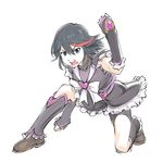  bike_shorts black_footwear black_hair blue_eyes boots bow cosplay cure_black cure_black_(cosplay) frills futari_wa_precure heart kill_la_kill matoi_ryuuko multicolored_hair one_knee open_mouth precure red_hair short_hair solo two-tone_hair ueyama_michirou 