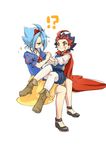  2boys blue_hair blush cape cosplay eyebrows forked_eyebrows jewelry male_focus mikado_gaou multicolored_hair multiple_boys necklace pantyhose puff_and_slash_sleeves puffy_sleeves red_eyes ryuuenji_tasuku short_sleeves simple_background sitting sitting_on_lap sitting_on_person skirt smile snow_white_(disney) snow_white_(disney)_(cosplay) snow_white_and_the_seven_dwarfs the_prince_(disney) the_prince_(disney)_(cosplay) tobi_(one) two-tone_hair white_background yellow_eyes 