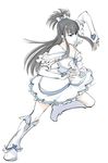  black_hair blue_eyes boots bow breasts cleavage cosplay cure_white cure_white_(cosplay) dress earrings elbow_gloves fingerless_gloves frills futari_wa_precure gloves half_updo heart jewelry kill_la_kill kiryuuin_satsuki long_hair medium_breasts pose precure sketch solo ueyama_michirou white_footwear 