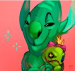  2015 alien animate_inanimate black_eyes bust_portrait button_(fastener) digital_media_(artwork) disney experiment_(species) facial_markings forehead_markings ghost green_body green_nose hair_bow hair_ribbon lilo_and_stitch markings narico phantasmo philtrum pink_background portrait rag_doll ribbons scrump simple_background smile smirk solo spirit watermark 