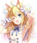  animal_ears arm_ribbon armpits arms_up bare_arms blonde_hair blue_eyes capelet cat_ears corset flat_chest gloves highres k_do long_hair one_eye_closed open_mouth original ribbon solo tears white_gloves yawning 