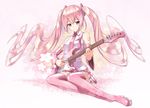  boots detached_sleeves electric_guitar famepeera full_body guitar hatsune_miku instrument long_hair necktie pink_eyes pink_footwear pink_hair pink_legwear sakura_miku sitting skirt smile solo thigh_boots thighhighs twintails very_long_hair vocaloid yokozuwari 