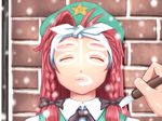  braid calligraphy_brush closed_eyes commentary drooling face face_painting hair_ribbon hat hong_meiling kanji out_of_frame paintbrush pov pov_hands red_hair ribbon shirosato sleeping snowing star touhou twin_braids 