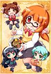  bad_id bad_pixiv_id blush book bow chibi eboshi_momono food glasses green_eyes green_hair katase_hakui kuriyama_yumino long_hair looking_at_viewer mikuri_gakuen_sweets-bu multiple_girls one_eye_closed outstretched_arms red_eyes short_hair shougo_konatsu skirt smile tongue tongue_out zipang_(zip@ng_works) 