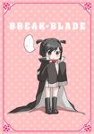  1girl :&gt; black_eyes black_hair blush_stickers break_blade copyright_name jacket_on_shoulders lactmangan nike_(break_blade) polka_dot short_hair short_twintails sleeves_past_wrists solo speech_bubble twintails 