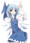  bad_id bad_pixiv_id blue_dress blue_eyes blue_hair bow cirno dress hair_bow ice ice_wings itsutsuki looking_at_viewer pose shirt simple_background smile solo touhou white_background wings 