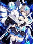  1girl absurdres armor armored_dress armored_gloves bangs bare_shoulders belt black_gloves blue_legwear blurry blurry_background boots breasts detached_collar elbow_gloves gloves grey_hair hair_ornament hair_over_one_eye highres holding holding_scythe honkai_(series) honkai_impact_3 looking_at_viewer rita_rossweisse scythe short_hair sidelocks smirk solo thigh_boots thighhighs wsman 