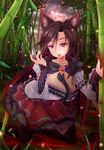  animal_ears bamboo bamboo_forest between_breasts blood blood_on_face blood_splatter bloody_clothes breasts brooch brown_hair cleavage dripping dunceneygak fingernails forest frills full_moon fur glowing glowing_eyes highres imaizumi_kagerou jewelry kneeling large_breasts long_hair looking_at_viewer moon nail_polish nature night pink_eyes red_eyes red_moon skirt sky solo star_(sky) starry_sky tail touhou very_long_fingernails werewolf wolf_ears wolf_tail 