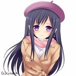  arms_behind_back bad_id bad_pixiv_id blush breasts earrings hat jewelry long_hair looking_at_viewer medium_breasts mikan_(5555) otome_tensei_grimoire_den purple_eyes simple_background smile solo very_long_hair white_background 