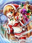  ;d bahamut_greed bell blush breasts candy cleavage food green_eyes hat kayama_kenji medium_breasts navel one_eye_closed open_mouth santa_hat smile solo star striped striped_legwear thighhighs watermark 