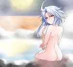  blue_hair highres karadborg looking_at_viewer looking_back neptune_(series) nude onsen red_eyes solo steam symbol-shaped_pupils towel water white_heart 