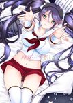  aida_mai alternate_hair_color blush breasts green_eyes hair_ribbon hairband isuzu_(kantai_collection) jewelry kantai_collection large_breasts long_hair looking_at_viewer lying md5_mismatch midriff navel on_back outstretched_arms purple_hair ribbon ring school_uniform serafuku short_shorts shorts solo thighhighs twintails wedding_band white_legwear 