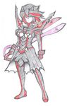  adapted_costume antiheld armor armored_dress bad_id bad_tumblr_id black_hair blue_eyes boots breasts commentary commentary_typo english_commentary faulds hairpods highres kill_la_kill large_breasts matoi_ryuuko multicolored_hair oversized_object red_hair scissor_blade scissors senketsu short_hair showgirl_skirt solo thigh_boots thighhighs two-tone_hair underboob weapon 