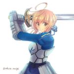  ahoge armor armored_dress artoria_pendragon_(all) blonde_hair excalibur fate/stay_night fate_(series) green_eyes saber serino_itsuki solo sword weapon 