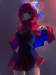  arm_up black_blouse blouse bow breasts cape geppewi hair_bow hair_ribbon hand_on_hip high_collar long_sleeves looking_at_viewer medium_breasts miniskirt red_eyes red_hair red_skirt ribbon sekibanki short_hair skirt solo touhou 