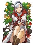  arm_support bangs boots breasts breasts_apart cloak colored_eyelashes final_fantasy final_fantasy_xiv flower highres hood hood_down hyur large_breasts leaf light_smile long_hair long_sleeves looking_at_viewer mole mole_under_mouth parted_bangs plant pupps red_eyes red_flower red_rose ribbon rose silver_hair simple_background sitting sketch sleeves_past_wrists smile solo thighs turtleneck vines white_background white_mage wide_sleeves 