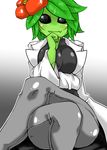  1girl black_eyes breasts clothed clothing crossed_legs female flora_fauna floran green_hair hair lab_coat labcoat large_breasts legs_crossed monster_girl sitting solo starbound tenkawa_galaxy video_games 