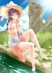  aida_mai bare_shoulders between_thighs cloud column day dress green_eyes hat light_rays long_hair looking_at_viewer original pillar purple_hair sitting sky smile soaking_feet solo sun_hat sunbeam sundress sunlight 