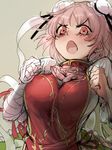  bandages blush breasts double_bun fang geppewi ibaraki_kasen large_breasts looking_at_viewer open_mouth pink_eyes pink_hair short_hair sketch solo touhou 