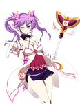  aisha_(elsword) breasts cleavage dimension_witch_(elsword) elsword gloves highres holding holding_wand large_breasts looking_at_viewer miniskirt purple_eyes purple_hair rheuz_(tolakz) skirt solo twintails wand white_background white_gloves 