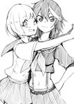  ;d bangs blunt_bangs closed_mouth cowboy_shot eyebrows_visible_through_hair greyscale hair_between_eyes hand_on_hip hug kill_la_kill looking_at_viewer mankanshoku_mako matoi_ryuuko midriff monochrome multicolored_hair multiple_girls navel neckerchief one_eye_closed open_mouth outstretched_arms pleated_skirt school_uniform serafuku short_hair short_sleeves skirt sleeves_past_elbows sleeves_pushed_up smile stomach streaked_hair suspender_skirt suspenders 