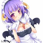  bad_id bad_pixiv_id between_breasts blush breasts demon_tail finger_to_mouth gloves horns large_breasts looking_at_viewer maid maid_headdress mikan_(5555) otome_tensei_grimoire_den pointy_ears purple_hair short_hair simple_background solo tail white_background white_gloves wings 