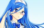  adjusting_hair aoki_hagane_no_arpeggio bangs blue_eyes blue_hair blush bow bowtie collared_shirt face frown glasses hair_between_eyes hairband halftone halftone_background hand_up lactmangan long_hair looking_at_viewer military military_uniform mole mole_under_mouth outline parted_bangs pinky_out portrait pursed_lips rimless_eyewear shirt solo swept_bangs takao_(aoki_hagane_no_arpeggio) uniform 