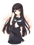  bangs black_hair black_serafuku black_skirt blunt_bangs brown_eyes floral_background frown hand_in_hair hime_cut kurasuke long_hair original school_uniform serafuku skirt solo standing 