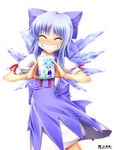  ^_^ blue_dress blue_hair blush bow can cirno closed_eyes conagusuri dress grin hair_bow holding ice ice_wings milk puffy_sleeves ribbon short_sleeves simple_background smile solo touhou uraomote wings 