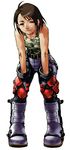  1girl androgynous bare_shoulders boots brown_hair capcom edayan gloves hands_on_knees justice_gakuen kazama_akira knee_pads muscle official_art reverse_trap rival_schools short_hair smile solo standing tank_top tomboy 