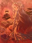  acrylic_paint_(medium) ama-tou book candy capelet food hat highres konpeitou lamp lantern long_hair looking_back on_floor open_book patchouli_knowledge sitting solo touhou traditional_media 