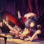  barefoot bat_wings bed blue_hair candelabra candle cup drinking_glass feet fingernails hat kichiroku legs_up long_fingernails looking_at_viewer lying nail_polish on_stomach red_eyes red_nails remilia_scarlet short_hair smile solo touhou vampire wine_glass wings 