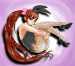  animal_ears brown_eyes brown_hair bunny_ears bunnysuit fishnet_pantyhose fishnets leg_hug long_hair original pantyhose pekepeke ponytail solo 