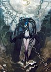  arm_cannon belt black_hair black_rock_shooter black_rock_shooter_(character) blue_eyes boots bra burning_eye chain coat glowing glowing_eyes gun huke lingerie long_hair midriff moon navel open_clothes open_coat scar shorts sky solo star stitches twintails underwear very_long_hair weapon 