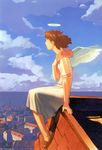  artist_request cityscape cloud day haibane_renmei halo highres looking_away rakka rooftop sitting sky solo wings 