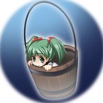  bad_id bad_pixiv_id blush bucket green_eyes green_hair hair_bobbles hair_ornament in_bucket in_container kisume ougi_makoto short_hair smile solo touhou twintails wooden_bucket 