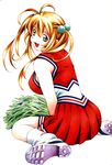  :3 :d antenna_hair bangs blonde_hair breasts cheerleader crease from_behind green_eyes hair_bobbles hair_ornament highres ikkitousen jpeg_artifacts large_breasts long_hair looking_back loose_socks official_art open_mouth pleated_skirt pom_poms red_skirt scan shiozaki_yuji shoe_soles shoes simple_background sitting skirt sleeveless smile sneakers socks solo sonsaku_hakufu spread_legs twintails white_legwear 