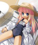  :&lt; bad_id bad_pixiv_id blonde_hair blue_eyes chair child flat_chest hat highres labcoat lens_flare long_hair lounge_chair no_pants one-piece_swimsuit one-piece_tan open_clothes pani_poni_dash! rebecca_miyamoto school_swimsuit solo sun_hat swimsuit swimsuit_under_clothes tan tanline umekichi 